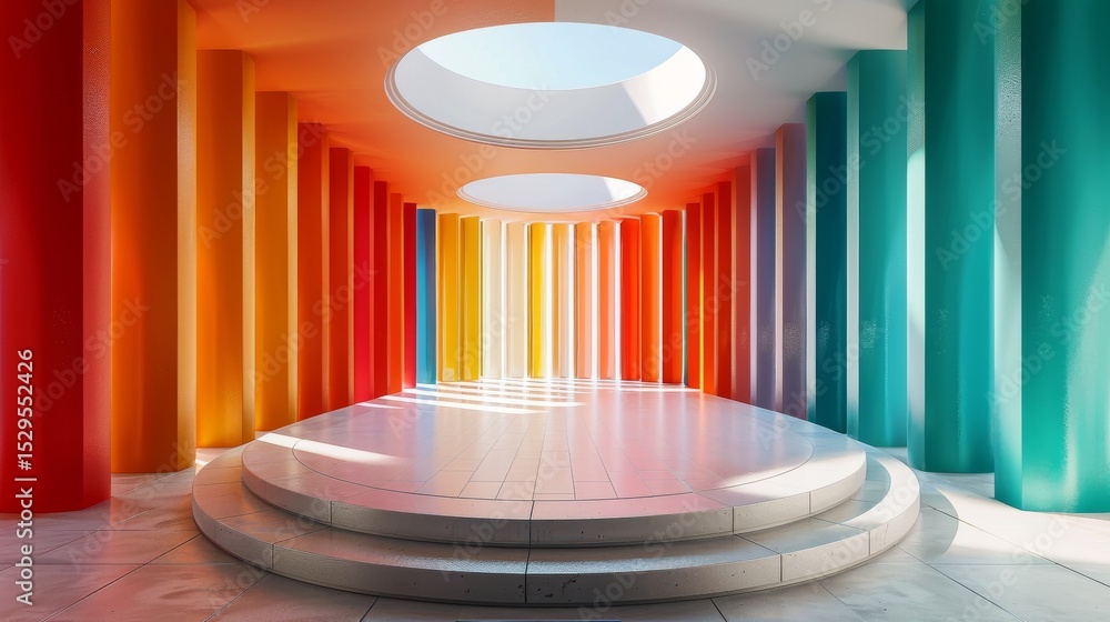 Poster this image showcases an artistic interior featuring vibrant columns in various colors, creating a st