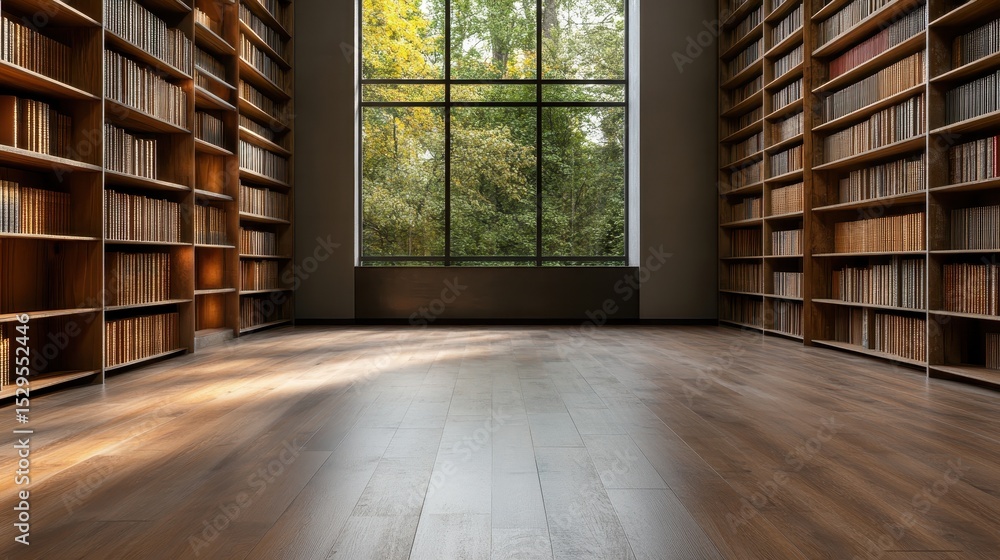 Poster an elegant library with wooden shelves and an expansive window brings in natural light, inviting a p