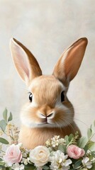 Cute rabbit with large ears is surrounded by delicate flowers, showcasing a charming and serene atmosphere, perfect for spring-themed designs and illustrations