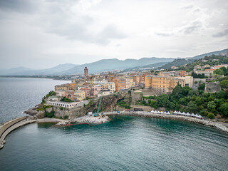 Aerial view of the Citadel of Bastia in the north of Corsica island - Genoese city overlooking the Mediterranean Sea