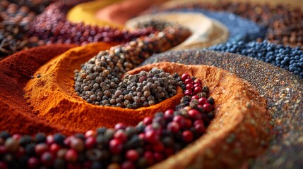 An artistic display of various spices, arranged in rich swirls of color, celebrating culinary diversity and vibrancy, perfect for cooking, health, and flavor enhancement.