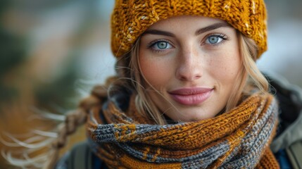 A portrait of a cheerful young woman wearing a warm knit hat and scarf, showcasing her vibrant blue eyes and friendly smile in a serene winter environment.