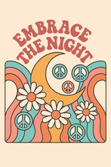Hippie cosmic moonrise slogan print with stylized daisies and peace symbols for graphic tee t shirt or sweatshirt hoodie – Vector
