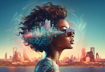 An artistic profile of a stylish woman wearing sunglasses against a vibrant city backdrop, symbolizing dreams, ambitions, and the intersection of urban life with personal identity.