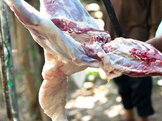 Selling meat freshly and on time to be so delicious and juicy after cooking. Separating the goat's skin from its body with a knife in the traditional way during the Eid al-Adha event.