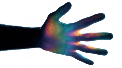 Open hand with five fingers extended displaying a range of iridescent colors. Creating a visually striking image against a transparent background. Perfect for digital art and graphic design projects