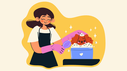 Woman washing puppy in bath. Pet grooming salon. Professional groomer. Doodle style isolated vector illustration.