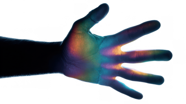 Open hand with five fingers extended displaying a range of iridescent colors. Creating a visually striking image against a transparent background. Perfect for digital art and graphic design projects