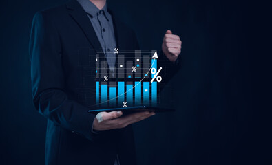 Hand holding graph with percentage, returns on investments,tax, adjusting interest rates, raising...