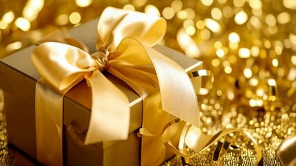 Elegant golden gift box adorned with silky gold ribbon and bow, sitting on bokeh gold confetti background for celebratory occasion. - Powered by Adobe