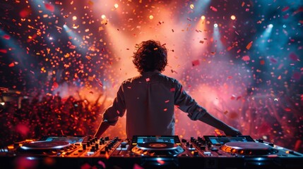 A DJ commands the stage at a vibrant concert, surrounded by energetic crowd and colorful confetti, creating an electrifying atmosphere filled with music and excitement.