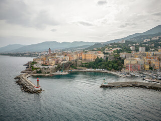 Aerial view of the Citadel of Bastia in the north of Corsica island - Genoese city overlooking the Mediterranean Sea
