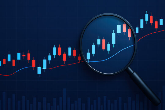 Market trends are analyzed through candlestick charts and moving averages highlighting financial insights under close examination