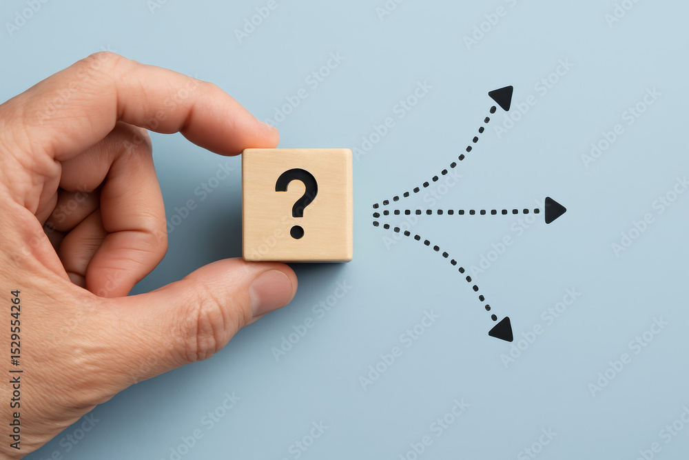 Poster a holding a small wooden cube marked with a question symbol represents decision making and exploring