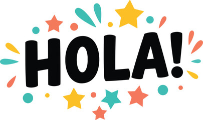 hola! with playful flat star shapes and tilted chunky font