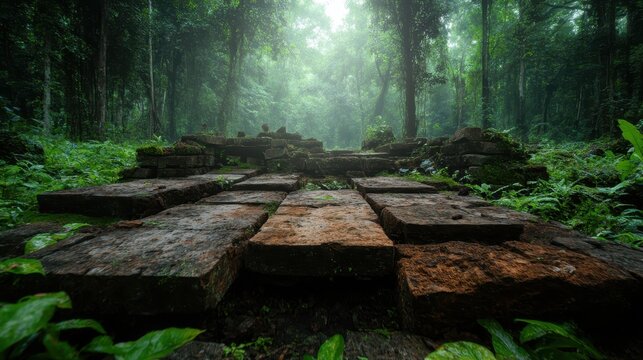 An ancient stone pathway emerges from a lush forest, creating a mystical vibe and inviting the viewer to explore the serene beauty of nature's hidden wonders.