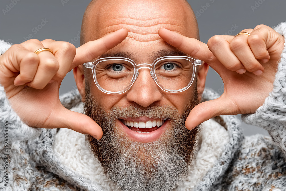 Poster man smiling and looking at camera while framing his face with fingers. clear background emphasizes j