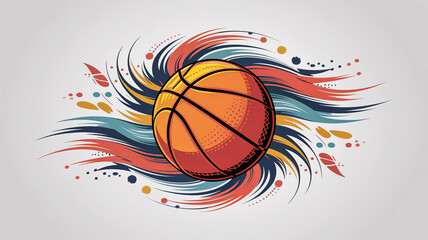 A dynamic sports illustration of a basketball in motion, centered on a light gray background