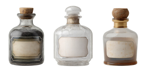 Classic Pharmacy Bottles with Worn Paper Labels Isolated on Transparent PNG