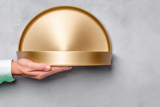 Hand Holding a Gold Food Dome on Gray Background