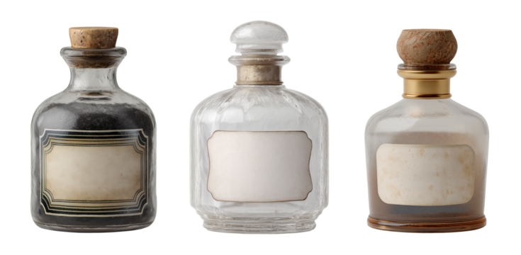 Classic Pharmacy Bottles with Worn Paper Labels Isolated on Transparent PNG