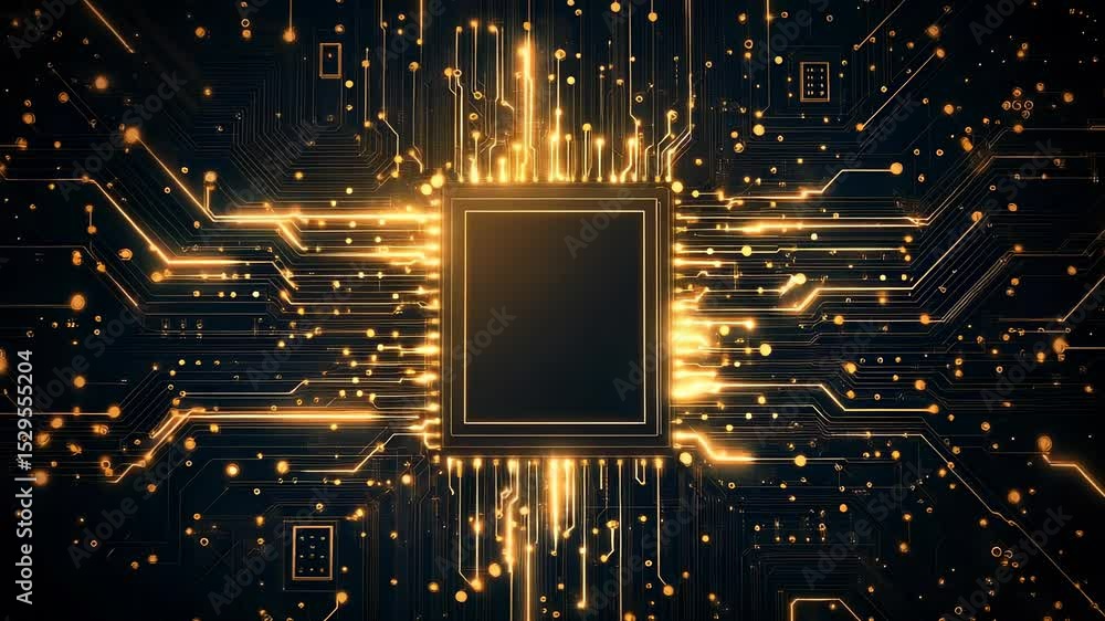 Poster futuristic microchip and circuit board with glowing connections for high tech