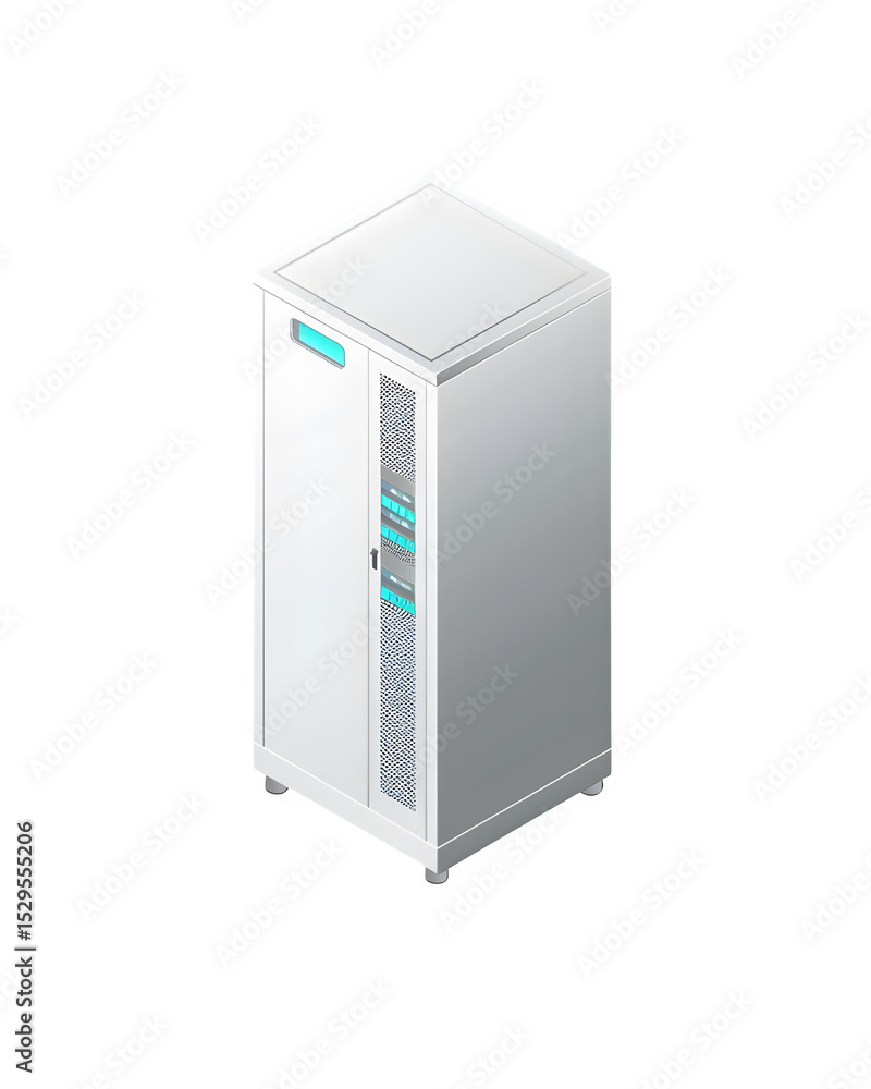 Poster an isometric view of a pristine white server rack cabinet with subtle blinking status leds isolated 