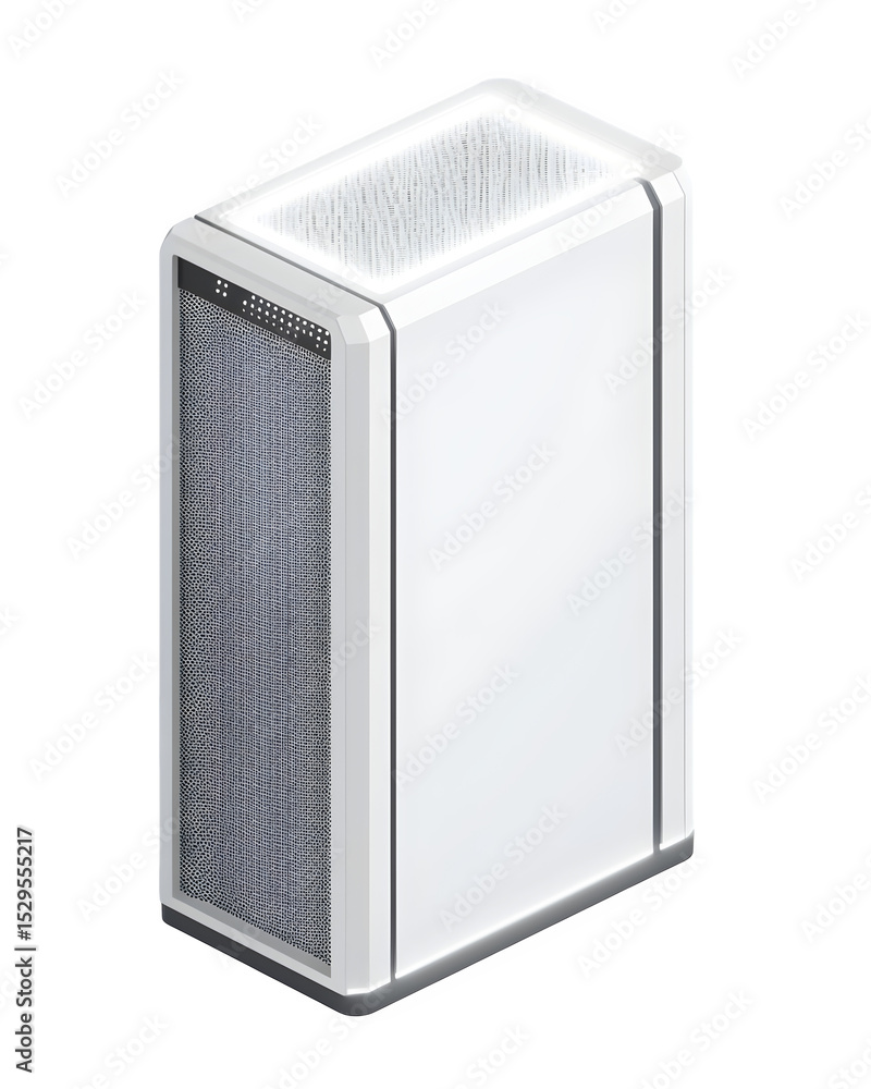Poster an isometric view of a pristine white server rack cabinet with subtle blinking status leds isolated 