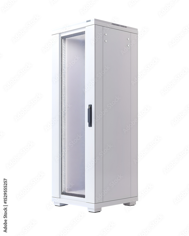 Poster an isometric view of a pristine white server rack cabinet with subtle blinking status leds isolated 