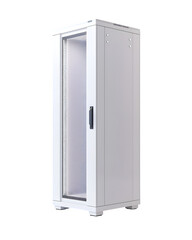 an isometric view of a pristine white server rack cabinet with subtle blinking status leds isolated on a pure white background minimal shadows modern data-center detail image stock image style        