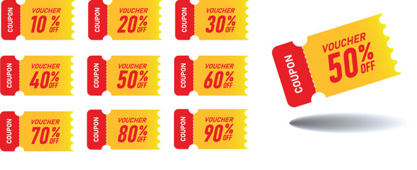 Coupon Sale banner template design. sale special up to 10% off,20% off,30% off,40% off,50% off,60% off,70% off,80% off,90% off. Super Sale, end of season special offer banner. vector illustration.