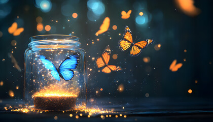 A floating potion surrounded by butterflies