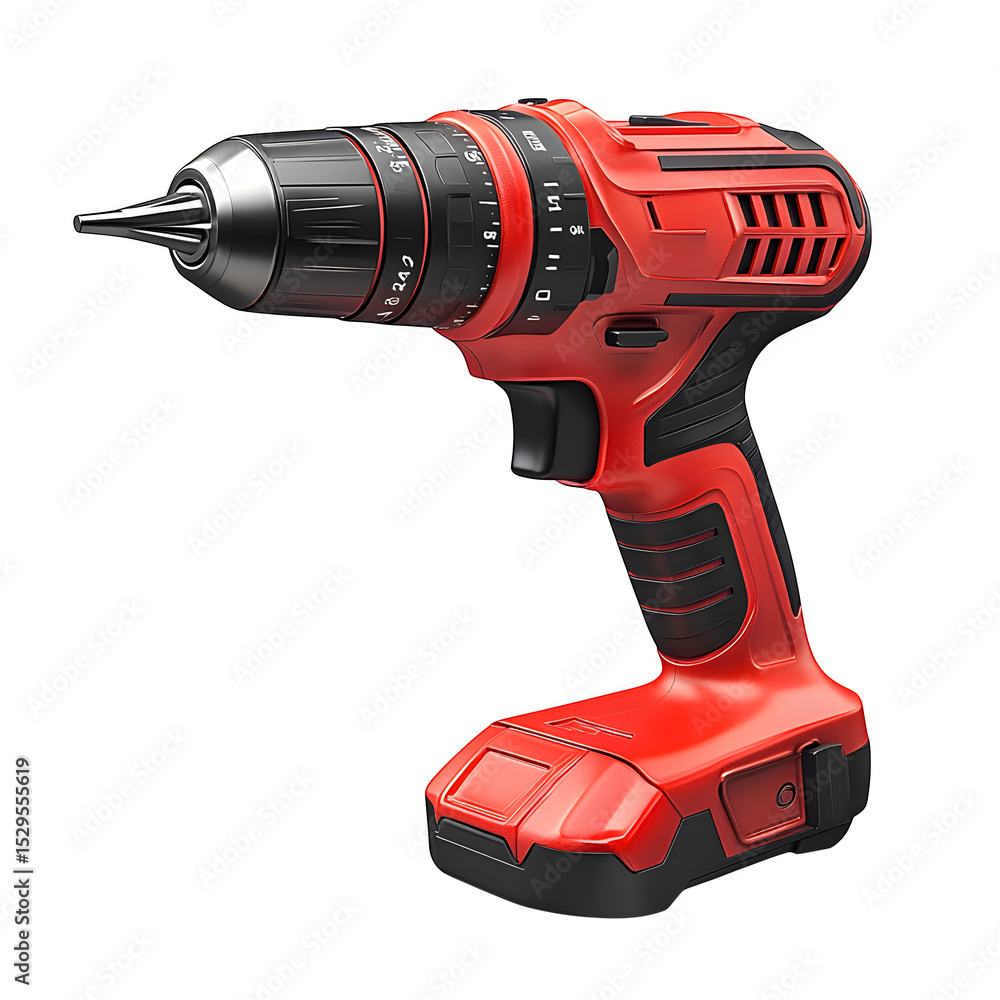 Poster a hyper-realistic cordless power drill with red body isolated on pure white background subtle soft s