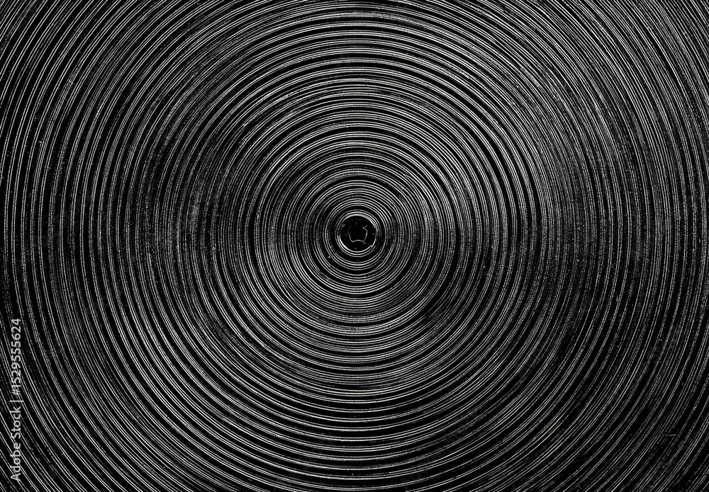 Poster concentric circular pattern with textured black and white lines creating hypnotic and chaotic visual