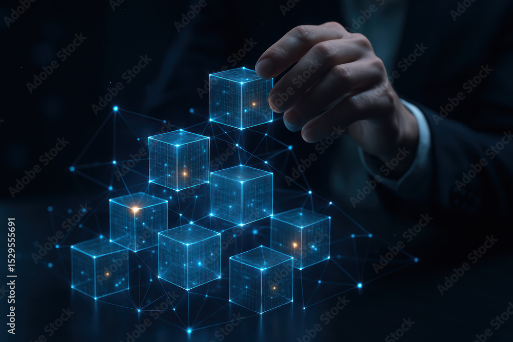 Poster the illustrates the concept digital connection and networking as a arranges translucent cubes symbol