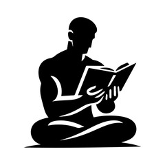 A black vector image of a seated human figure reading a book.