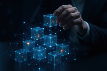 The illustrates the concept digital connection and networking as a arranges translucent cubes symbolizing data exchange and business growth