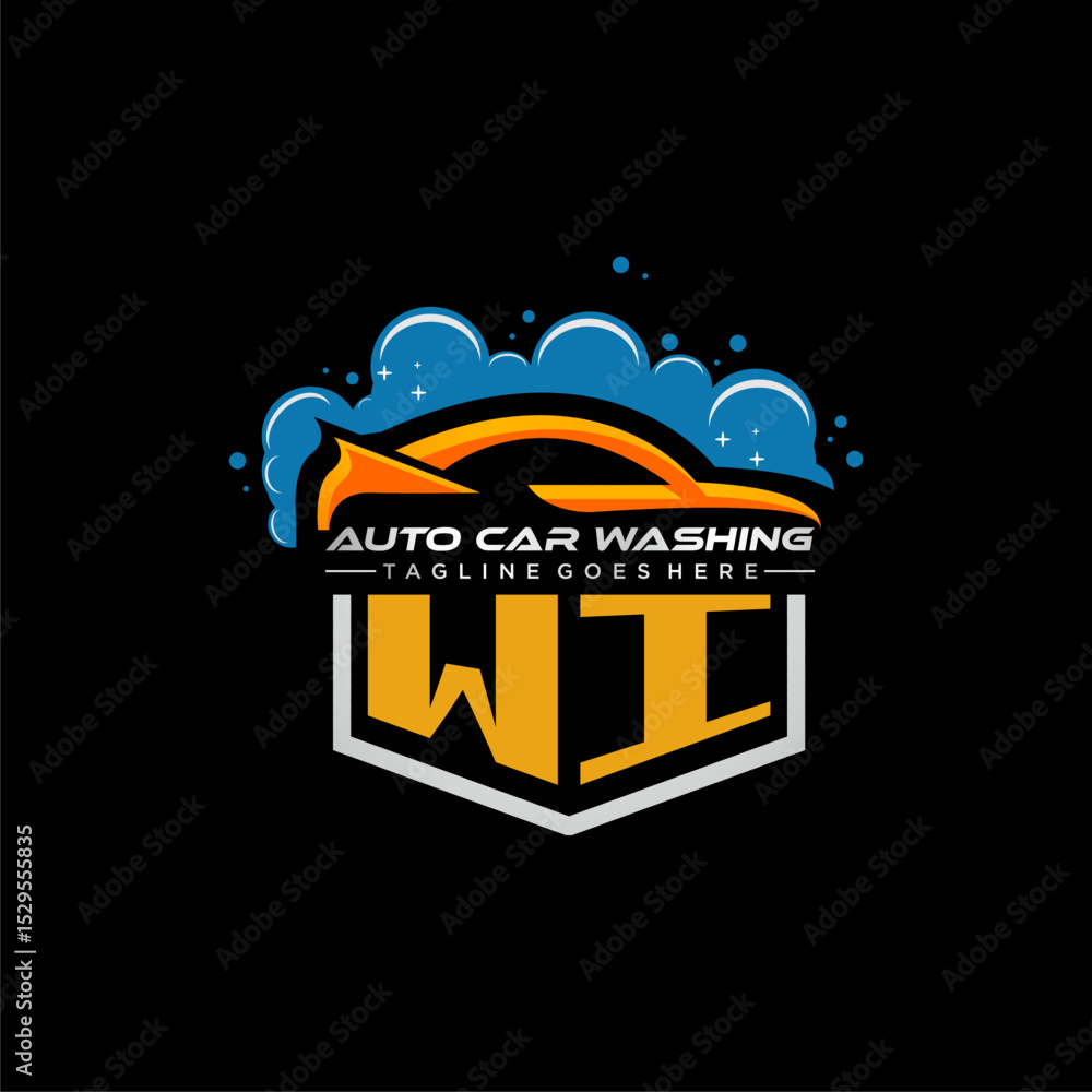 Poster wi initial monogram for carwash with car clean image design vector