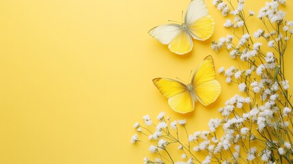Delicate yellow butterflies fluttering around white blossoms on soft pastel yellow background for spring and nature-inspired designs, greeting cards, and minimalist floral art concepts