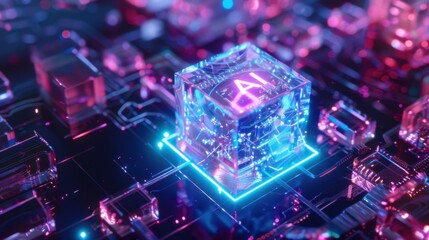 The heart of artificial intelligence glowing with futuristic promise on a complex circuit board with