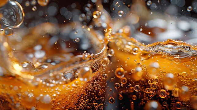 An artistic close-up of a carbonated drink, capturing the fizzy bubbles rising to the surface against a blurred dark backdrop, symbolizing refreshment and celebration.