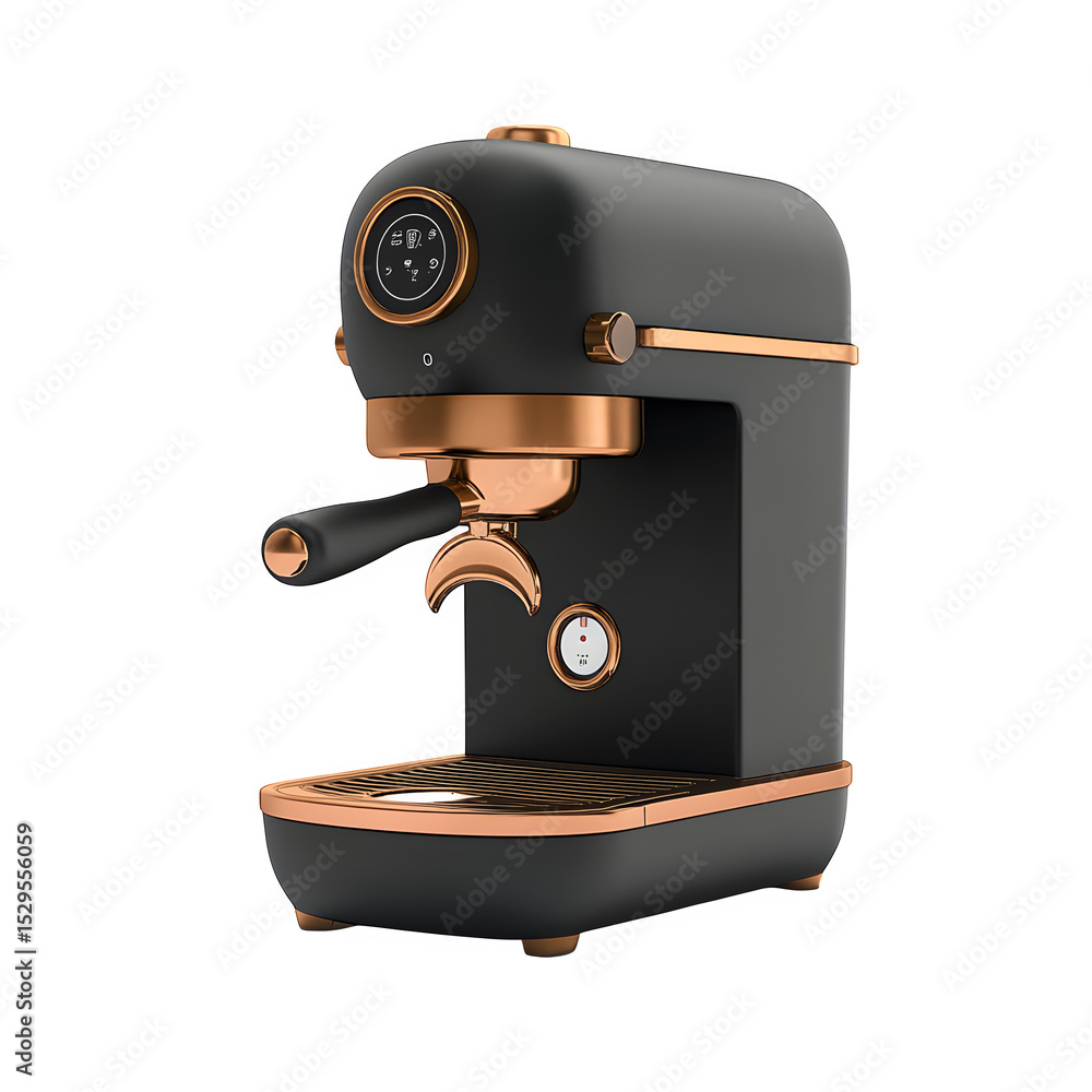 Aufkleber a hyper-realistic compact espresso coffee maker with matte-black with copper accents isolated on pur
