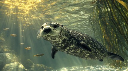 Underwater sea otter, sunlit kelp forest