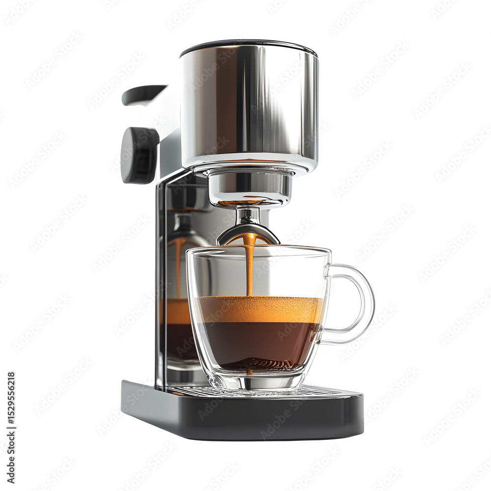 Aufkleber a hyper-realistic compact espresso coffee maker pulling a shot of espresso into glass isolated on pure white background subtle soft shadow clean studio lighting ultra-high detail image stock render   