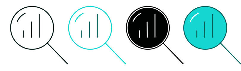 Data analysis symbol. Magnifying glass and data icon set. Business, Marketing research, Market or technology concept. Color or Black logo for web, ui, or mobile app. Editable vector stroke.