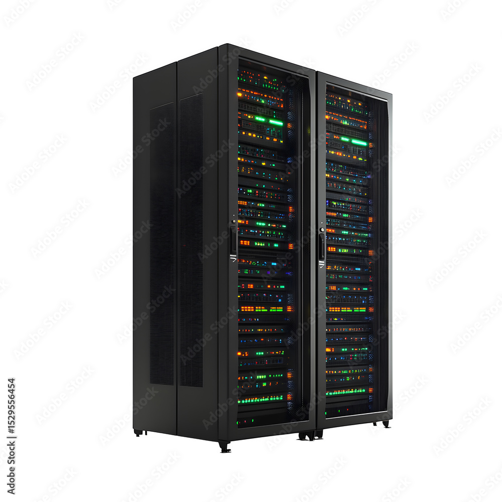 Poster a hyper-realistic cloud computing server rack with digital interface lights isolated on pure white b