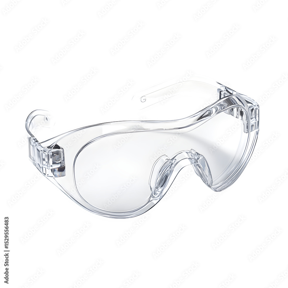 Poster a hyper-realistic clear safety goggles with transparent frame isolated on pure white background subt