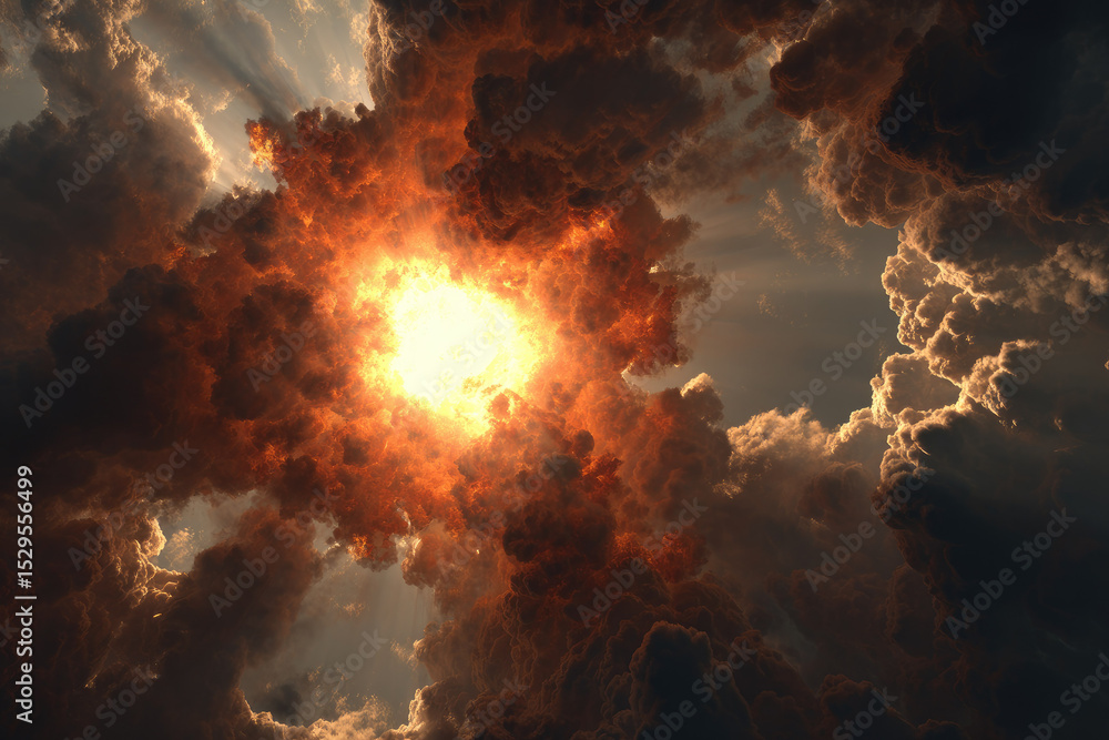 Poster dramatic fiery explosion with bright orange and yellow light bursting through thick dark clouds, cre