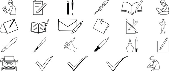 Collection of Writing and Editing Icons Pens, Paper, Books, and Checkmarks