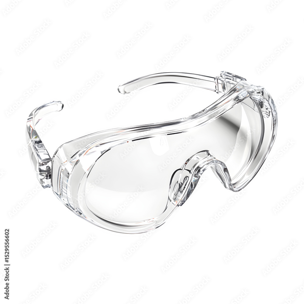 Poster a hyper-realistic clear safety goggles reflecting workshop environment isolated on pure white backgr